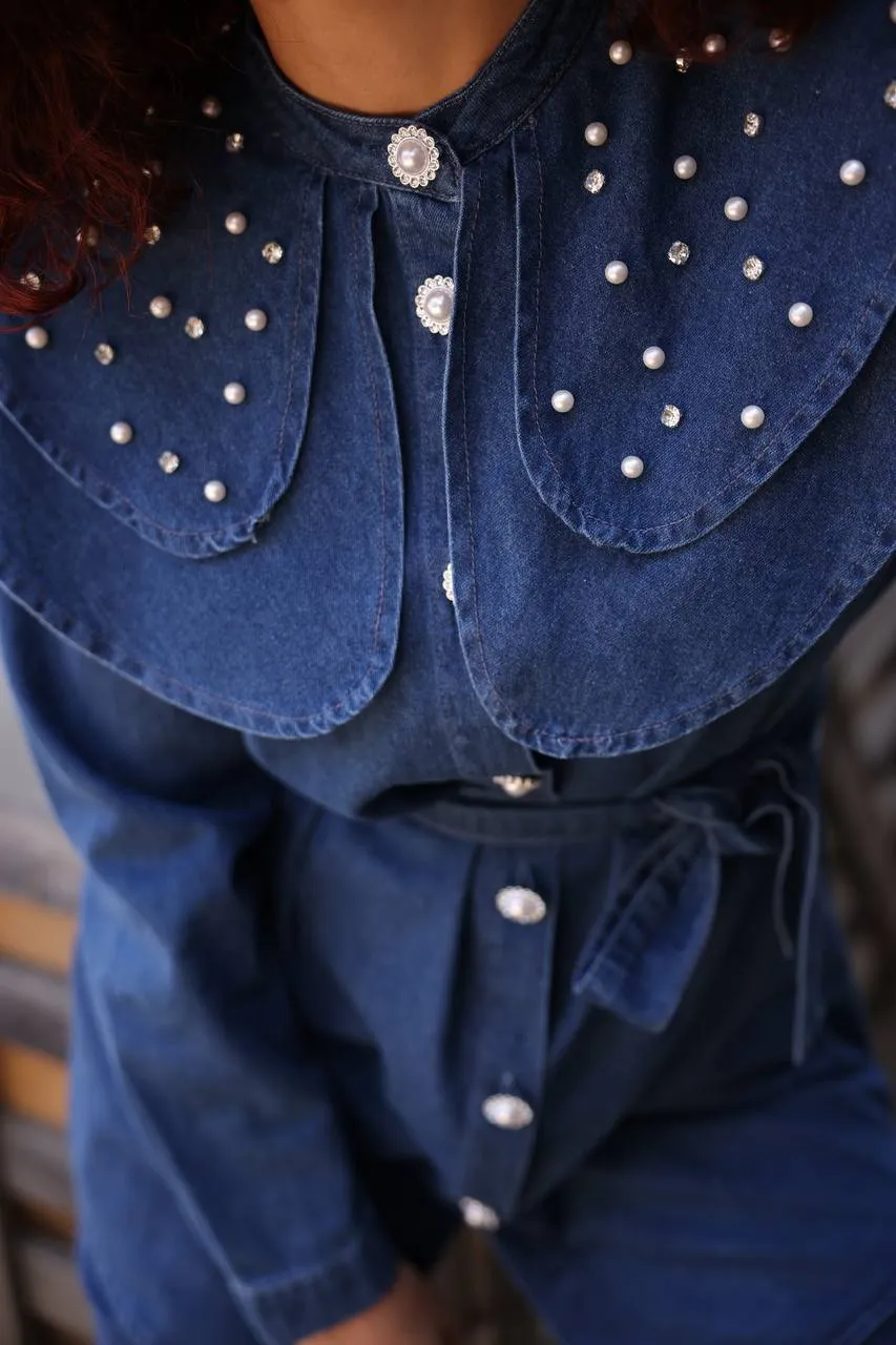 Talia Women Peter Pan Cloar Denim Shirt and Pants Set