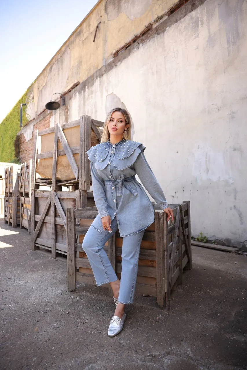 Talia Women Peter Pan Cloar Denim Shirt and Pants Set