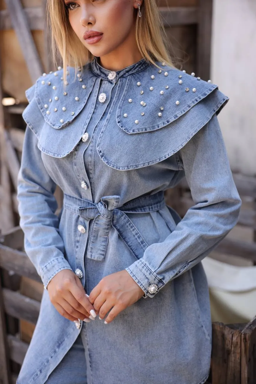 Talia Women Peter Pan Cloar Denim Shirt and Pants Set