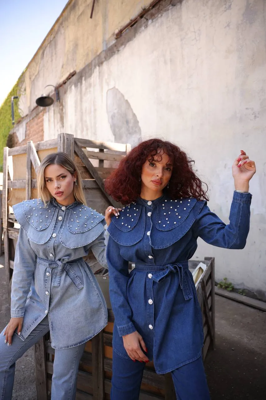 Talia Women Peter Pan Cloar Denim Shirt and Pants Set