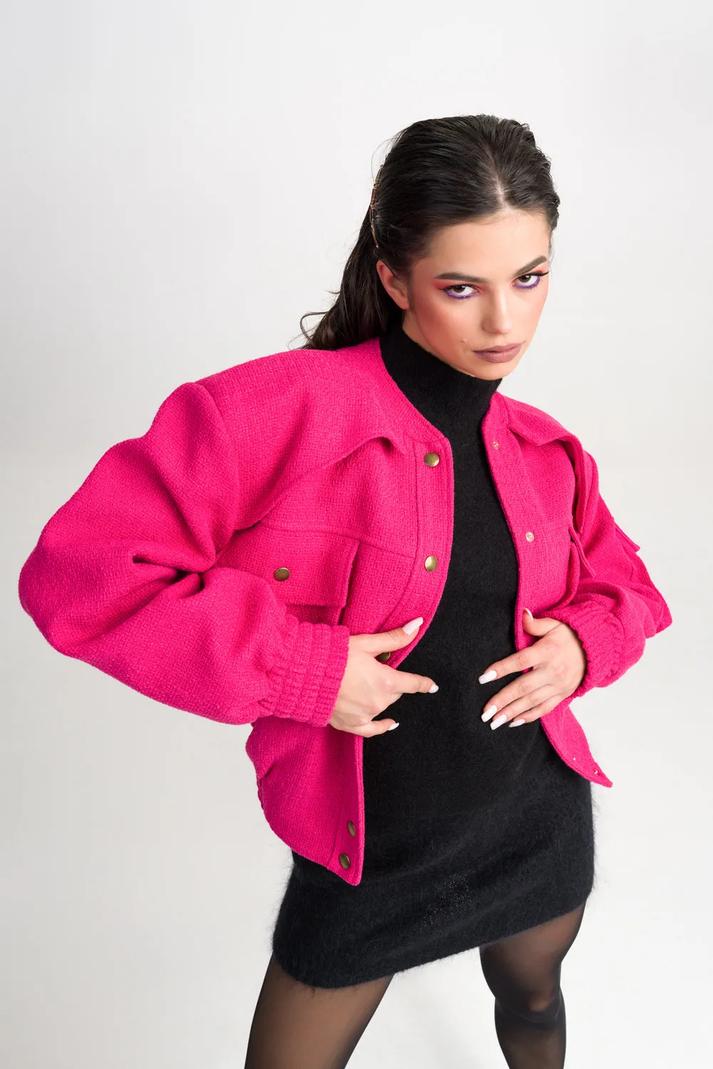 ‘TULLIA’ CARGO TWEED Pink BOMBER JACKET