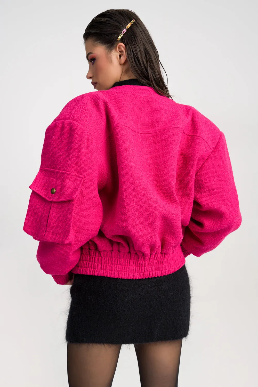 ‘TULLIA’ CARGO TWEED Pink BOMBER JACKET