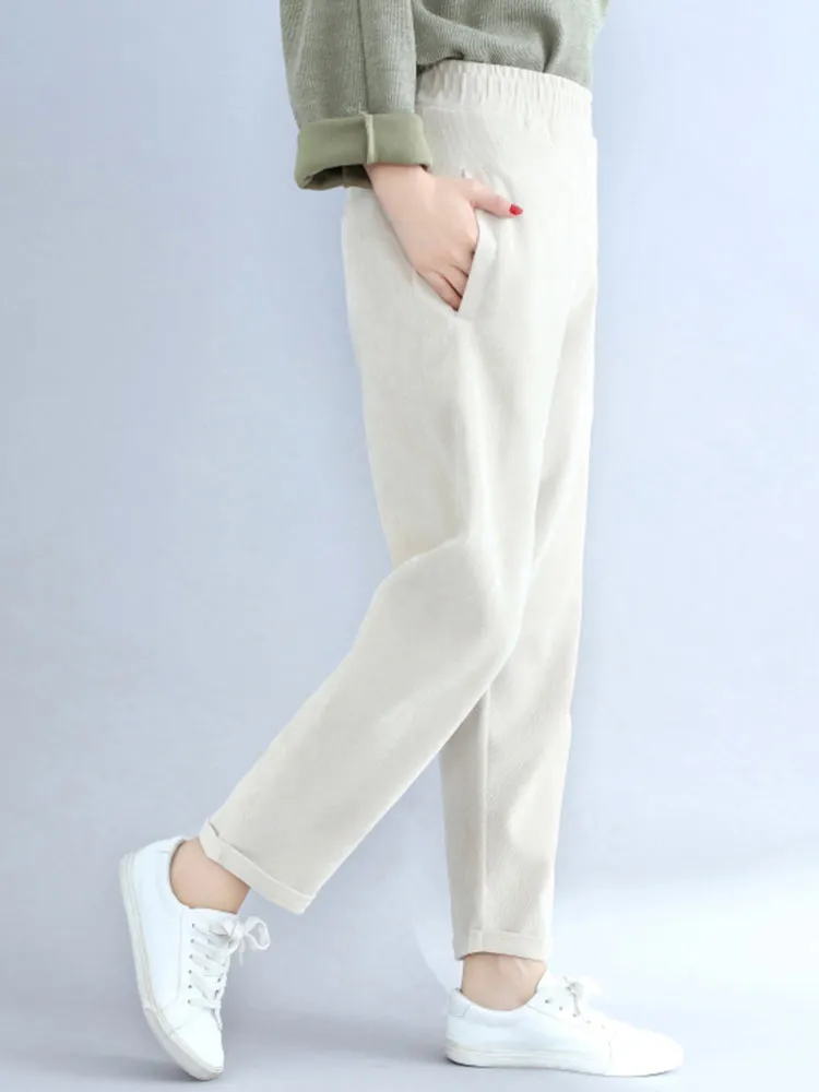 Women Casual Elastic Waist Pure Color Corduroy Pants