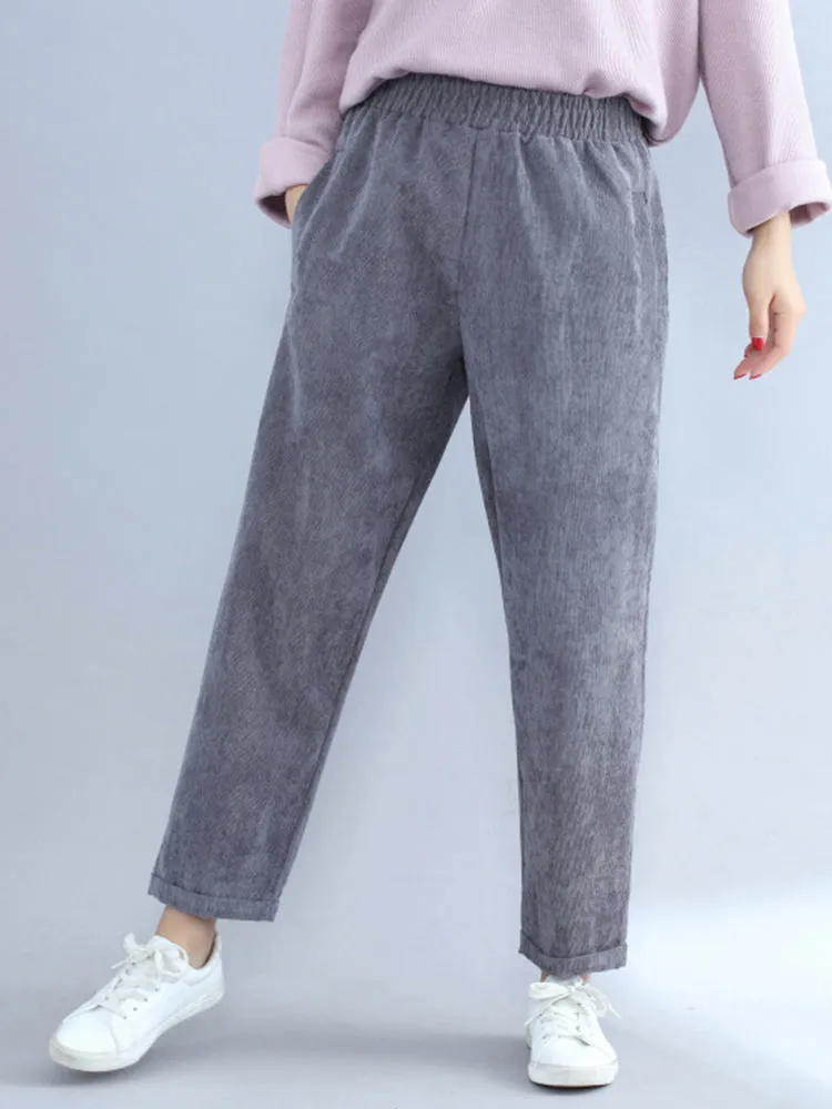 Women Casual Elastic Waist Pure Color Corduroy Pants