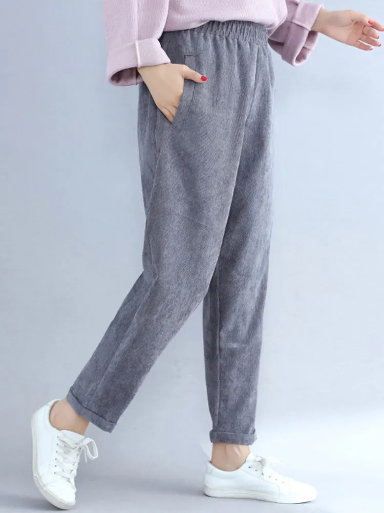 Women Casual Elastic Waist Pure Color Corduroy Pants