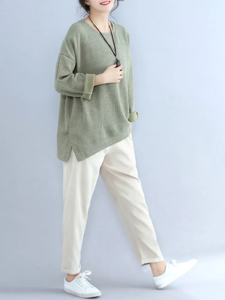 Women Casual Elastic Waist Pure Color Corduroy Pants