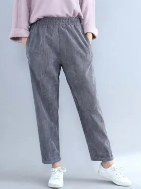 Women Casual Elastic Waist Pure Color Corduroy Pants