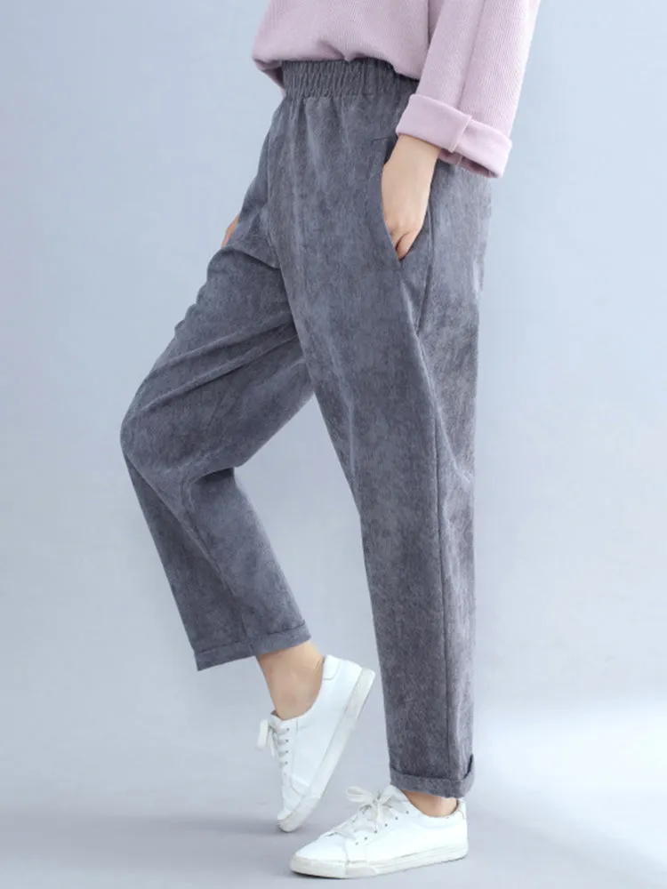Women Casual Elastic Waist Pure Color Corduroy Pants