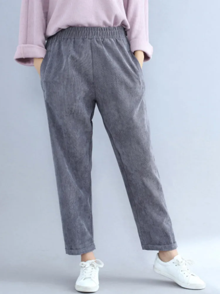 Women Casual Elastic Waist Pure Color Corduroy Pants