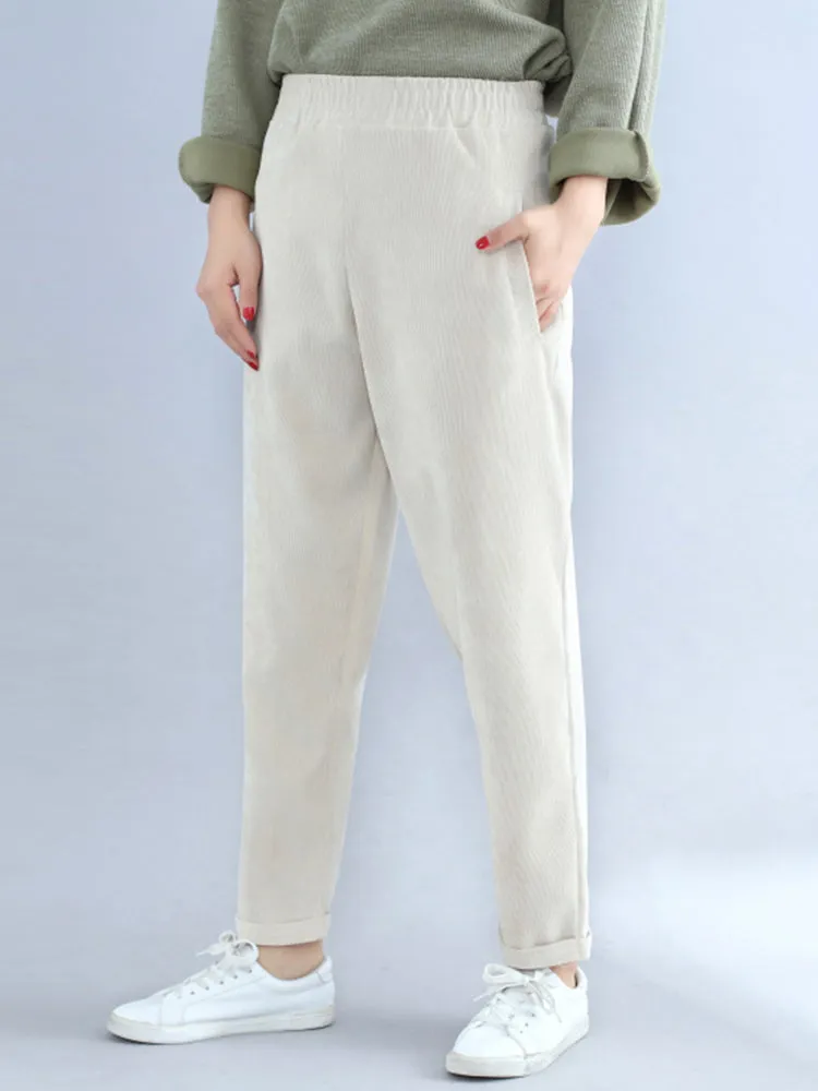 Women Casual Elastic Waist Pure Color Corduroy Pants