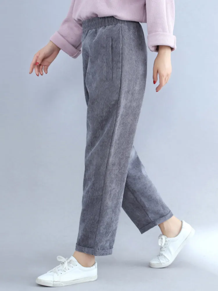 Women Casual Elastic Waist Pure Color Corduroy Pants