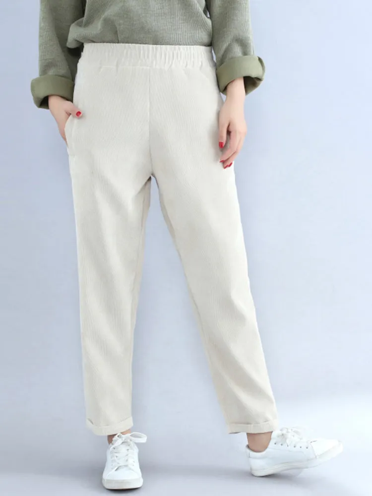 Women Casual Elastic Waist Pure Color Corduroy Pants