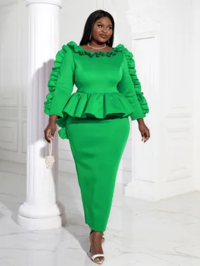 Women Ruffles Red Long Bodycon Christmas Dress