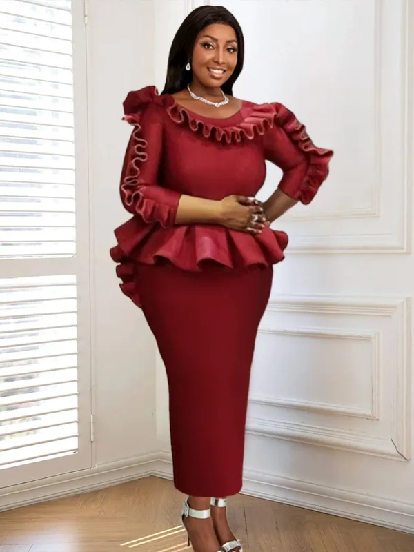 Women Ruffles Red Long Bodycon Christmas Dress
