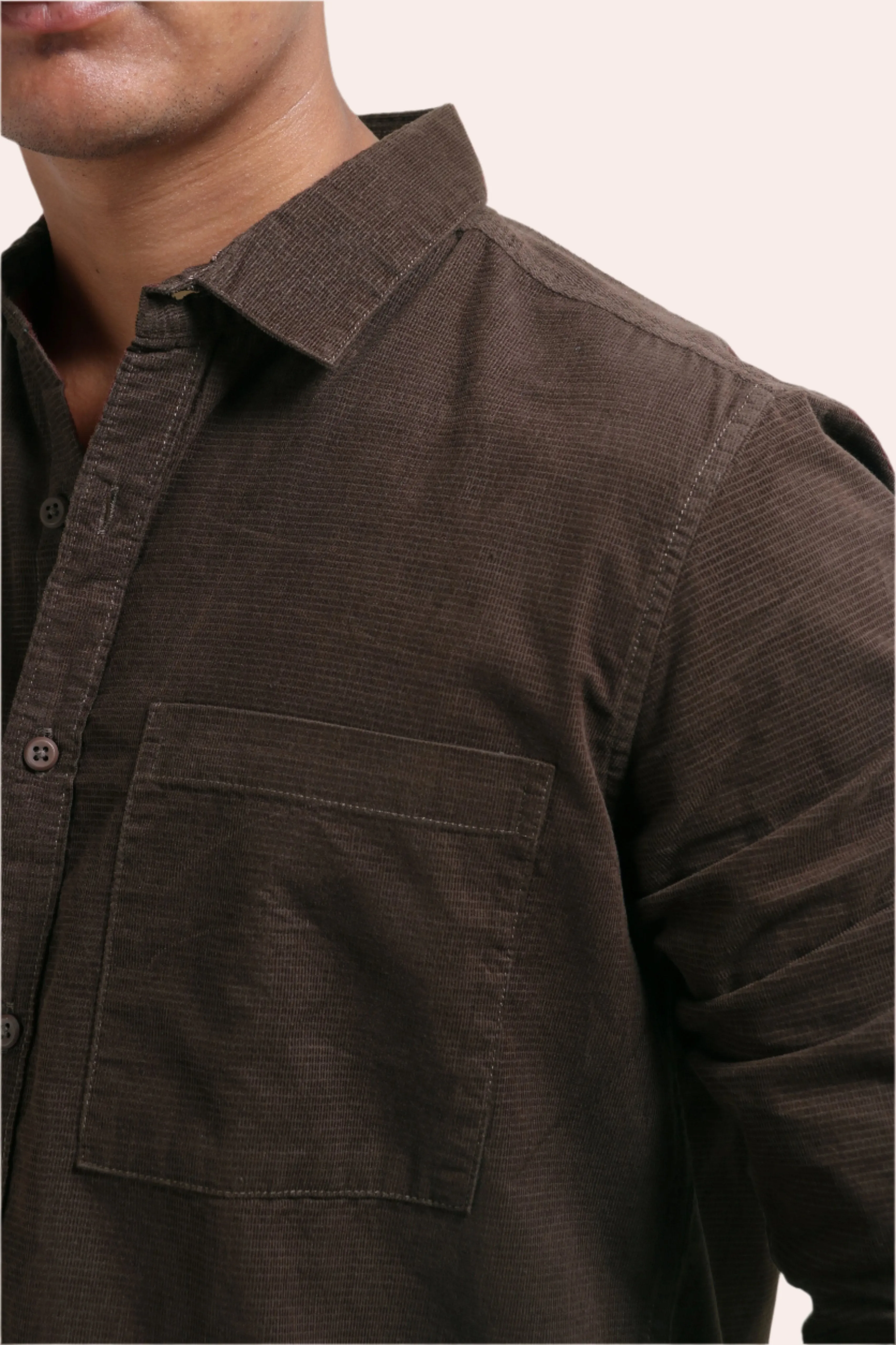 XKIND MEN'S MOCHA BROWN FINE CORDUROY REGULAR FIT SHIRT