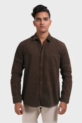 XKIND MEN'S MOCHA BROWN FINE CORDUROY REGULAR FIT SHIRT