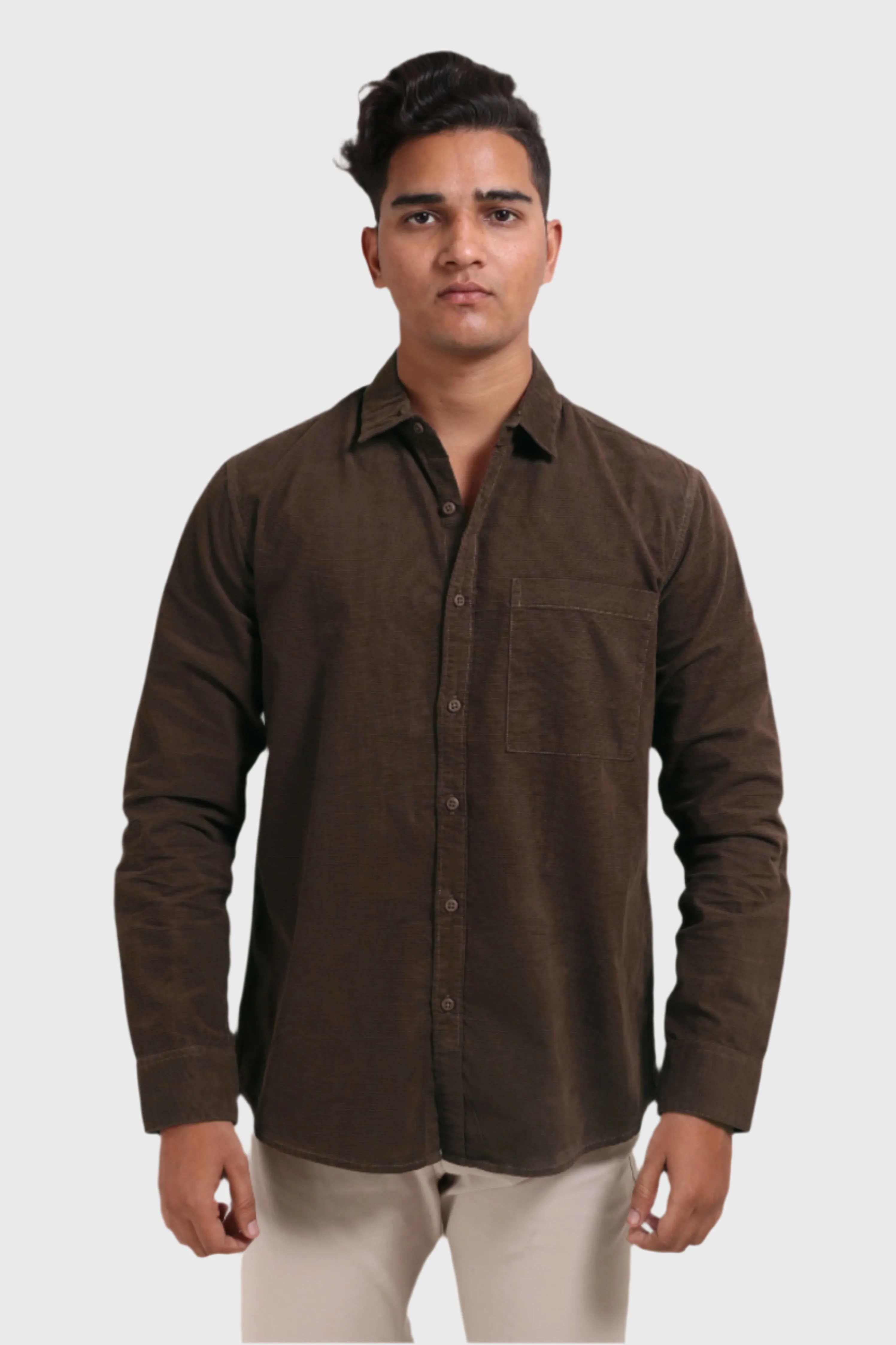 XKIND MEN'S MOCHA BROWN FINE CORDUROY REGULAR FIT SHIRT